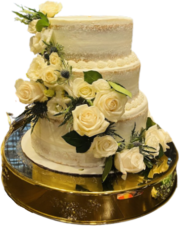 A multi-tiered wedding cake with flowers